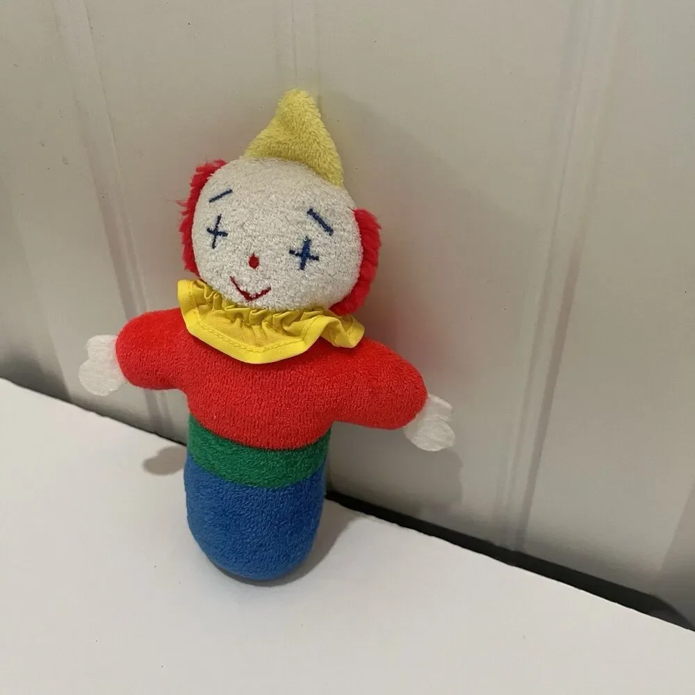 Eden Primary Color Block Terrycloth Clown Rattle Plush Baby Toy Circus RARE Vtg